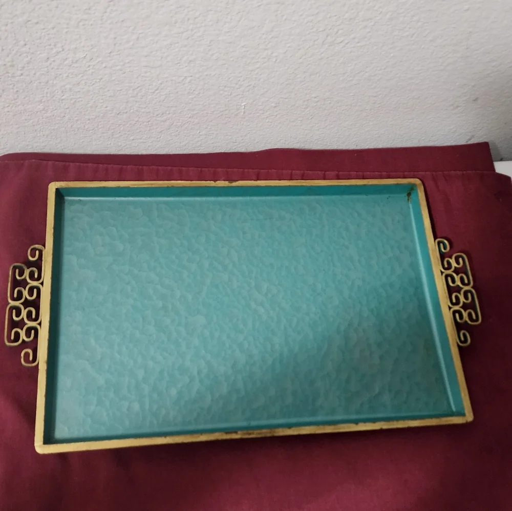Mid-Century Moire Glaze Kyes Serving Tray Teal Gold MCM Art CA 15.5
